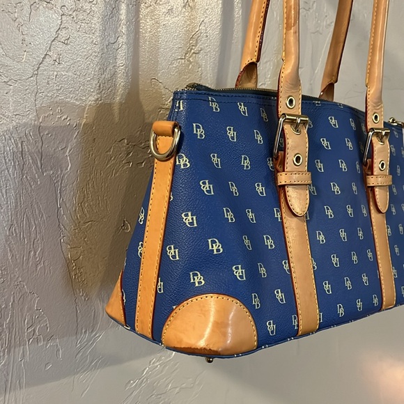 Dooney & Bourke Blue Tan Monogram Satchel Purse Double Handle - Picture 6 of 14